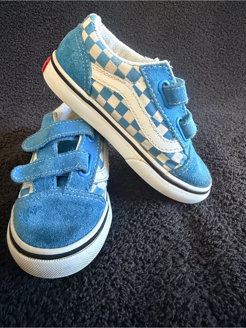 Vans Kids Teal Blue and White Checkerboard Velcro Sneakers